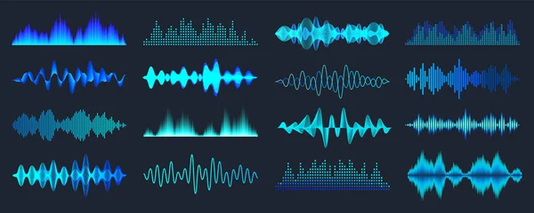 Коллекция звуковых волн голубого цвета. Аналоговый и цифровой аудиосигнал. Музыкальный уравнитель. Запись помех. Высокочастотная радиоволна. Векторная иллюстрация. — стоковый вектор