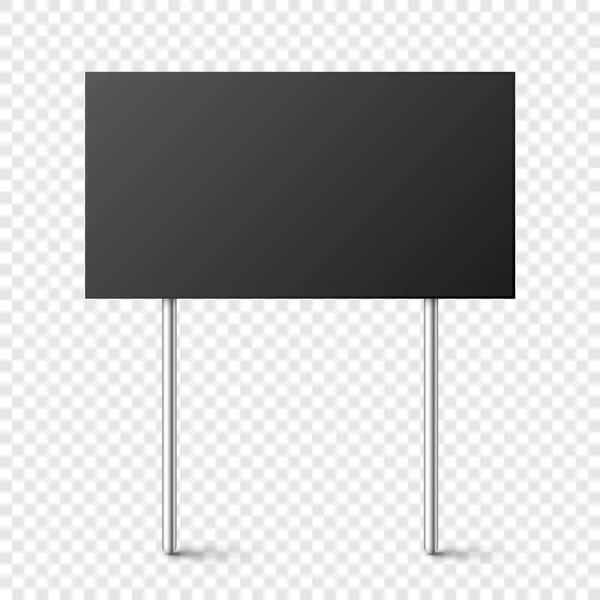 Zwart blanco bord met plaats voor tekst, protestbord geïsoleerd op transparante achtergrond. Realistische demonstratie of reclamebanner. Strike actie kartonnen bord mockup. Vectorillustratie. — Stockvector