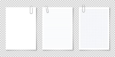 A4 formatında, metal klipsli, şeffaf arkaplanı olan gerçekçi boş kağıt kağıtlar. Defter sayfası, belge. Tasarım şablonu veya maketi. Vektör illüstrasyonu.