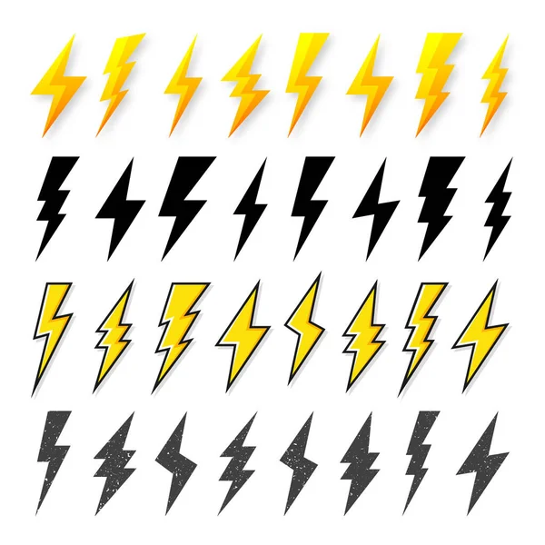 Zwart en geel bliksemschicht pictogrammen geïsoleerd op witte achtergrond. Vintage flash symbool, bliksemschicht met grunge textuur. Simpel bliksembord. Vectorillustratie. — Stockvector
