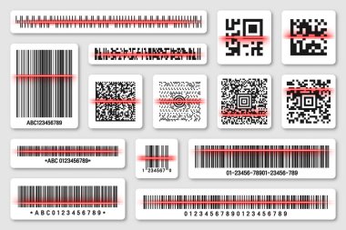 Ürün barkodları ve kırmızı çizgili QR kodları. Kimlik takip kodu. Seri numarası, dijital bilgili ürün kimliği. Mağaza, süpermarket tarama etiketleri, fiyat etiketleri. Vektör illüstrasyonu.