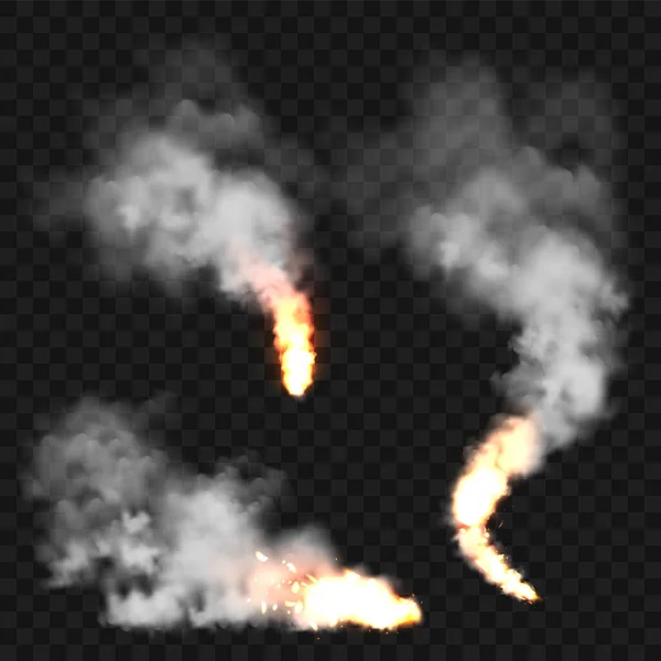 Realistiska rökmoln och eld. Flambloss, explosion. Rök från brinnande föremål. Skogsbränder. Genomskinlig dimeffekt. Vit ånga, dimma. Vektorns konstruktionsdel. — Stock vektor