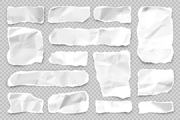 Tiras de papel rasgadas sobre fondo transparente. Desechos de papel arrugados realistas con bordes rotos. Trozos de páginas de cuadernos. Ilustración vectorial. — Vector de stock