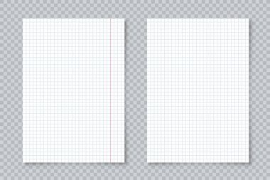 Şeffaf arkaplanda A4 formatında boş kağıtlar. Defter sayfası, belge. Tasarım şablonu veya maketi. Vektör illüstrasyonu.