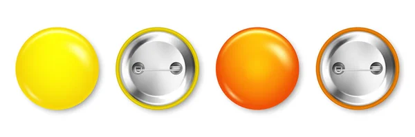 Realistic yellow and orange blank badges isolated on white background. Glossy 3D round button. Pin badge, brooch mockup for product promotion and advertising. Vector illustration. — Stock Vector