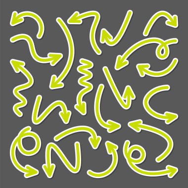 Renkli el çizimi ok çıkartmaları ayarlandı. Yeşil noktalar koleksiyonu. Farklı şekillerde basit oklar. Yön işaretleri. Vektör illüstrasyonu.