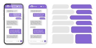 Mesajlaşma uygulaması olan gerçekçi bir akıllı telefon. Boş SMS metin çerçevesi. Mor mesaj baloncuklarıyla sohbet ekranı. Sosyal medya uygulaması. Vektör illüstrasyonu.