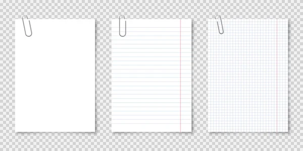 Realistische blanco vellen in A4-formaat met metalen clip, houder op transparante achtergrond. Notebookpagina, document. Ontwerp sjabloon of model. Vectorillustratie. — Stockvector