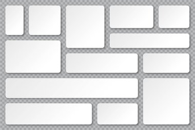 Şeffaf arkaplanda gölgeler olan boş kağıt pankartlar. Yapıştırıcı etiketler, yuvarlak köşeli etiketler. Vektör illüstrasyonu.