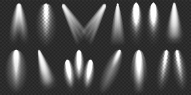 Spotlights koleksiyonu. Parlak ışık huzmesi. Şeffaf gerçekçi etki. Sahne ışıklandırması. Parlayan ışık ışınları. Vektör illüstrasyonu.