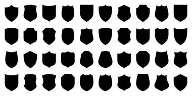 Çeşitli klasik kalkan simgeleri seti. Siyah hanedan kalkanları. Koruma ve güvenlik sembolü, etiket. Vektör illüstrasyonu.