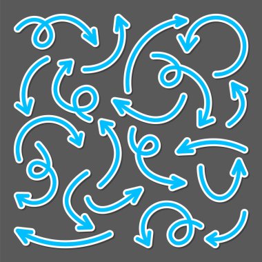 Renkli el çizimi ok çıkartmaları ayarlandı. Blue Pointers koleksiyonu. Farklı şekillerde basit oklar. Yön işaretleri. Vektör illüstrasyonu.