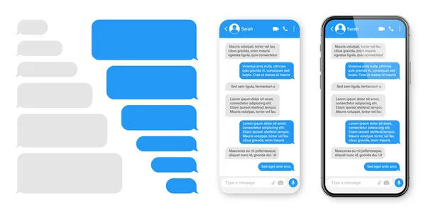 Realistische smartphone met messaging app. Blanco SMS tekst frame. Messenger chat scherm met blauwe bericht bellen. Social media applicatie. Vectorillustratie. — Stockvector