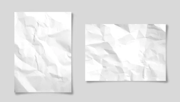 Hojas de papel arrugadas en blanco realistas en tamaño A4 con sombra aislada sobre fondo gris. Página de cuaderno blanco. Plantilla de diseño, maqueta. Ilustración vectorial. — Archivo Imágenes Vectoriales