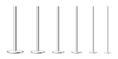 Gerçekçi metal direkler beyaz arka planda izole edilmiş. Çeşitli çaplarda parlak çelik borular. Reklam panosu ya da reklam panosu, sahibi. Vektör illüstrasyonu.