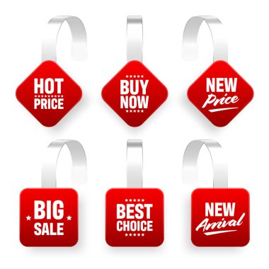 Süpermarket tanıtım sallantıları beyaz arka planda izole edilmiş. Rafların reklamını yapmak için gerçekçi bir şablon. Reklam metniyle indirimli veya indirimli etiket. Özel fiyat etiketi. Vektör illüstrasyonu.