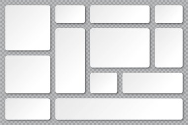 Şeffaf arkaplanda gölgeler olan boş kağıt pankartlar. Yapıştırıcı etiketler, yuvarlak köşeli etiketler. Vektör illüstrasyonu.