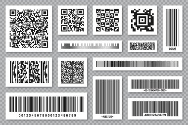 Bir dizi ürün barkodları ve QR kodları. Kimlik takip kodu. Seri numarası, dijital bilgili ürün kimliği. Market ya da süpermarket tarama etiketleri, fiyat etiketleri. Vektör illüstrasyonu.