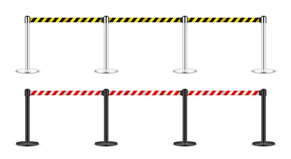 Realistic vector retractable belt stanchion. Crowd control barrier posts with caution strap. Queue lines. Restriction border and danger tape. — Stock Vector