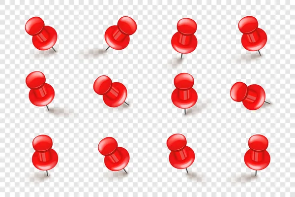 Realistic red push pins. Board tacks isolated on transparent background. Plastic pushpin with needle. Vector illustration. — Stock Vector