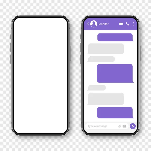 Smartphone realista com aplicativo de mensagens. Quadro de texto SMS em branco. Tela de bate-papo Messenger com bolhas de mensagem violeta. Aplicação de mídia social. Ilustração vetorial. — Vetor de Stock