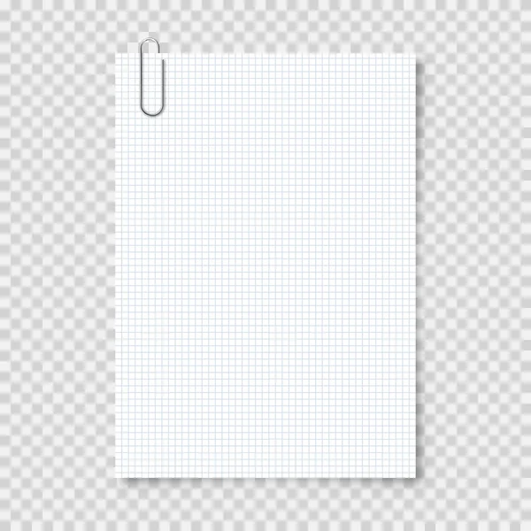 Hoja de papel en blanco realista en formato A4 con clip metálico, soporte sobre fondo transparente. Página del cuaderno, documento. Plantilla de diseño o maqueta. Ilustración vectorial. — Vector de stock