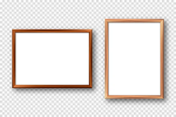 Realistic wooden picture frames with shadow on checkered background. Blank poster mockup. Empty photo frame. Vector illustration. — Stock Vector