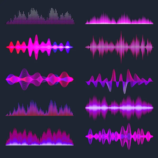 Kleurrijke geluidsgolven collectie. Analoge en digitale audiosignaal. Muziekequalizer. Stemopname van interferentie. Hoge frequentie radiogolf. Vectorillustratie. — Stockvector