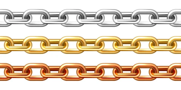 Realistic seamless golden, silver and bronze chains isolated on white background. Metal chain with shiny gold plated links. Vector illustration. — Stock Vector