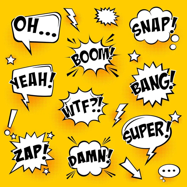 Komische Sprechblasen mit Halbtonschatten und Text auf gelbem Hintergrund. Handgezeichnete Retro-Cartoon-Sticker. Popart-Stil. Vektorillustration. — Stockvektor