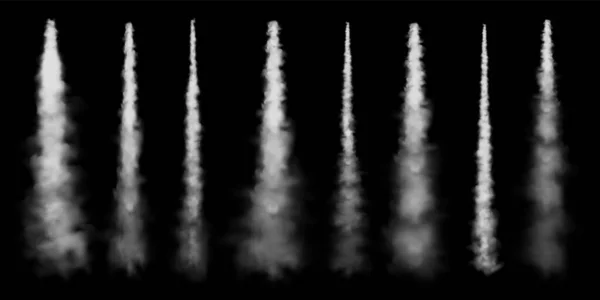 Huellas realistas de condensación de aviones. Lanzamiento de cohetes espaciales. Misil o rastro de bala. Aviones a reacción. Nubes blancas de humo, niebla. Flujo de vapor. Ilustración vectorial. — Archivo Imágenes Vectoriales