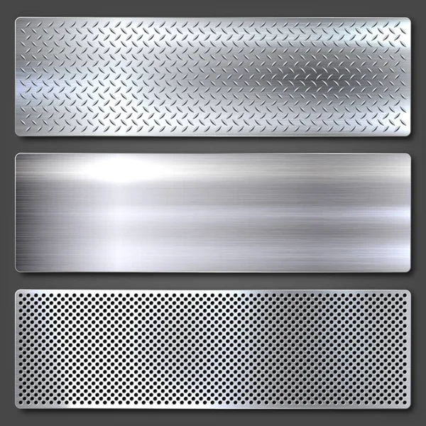 Realistic brushed metal textures set. Polished stainless steel background. Vector illustration. — Stock Vector