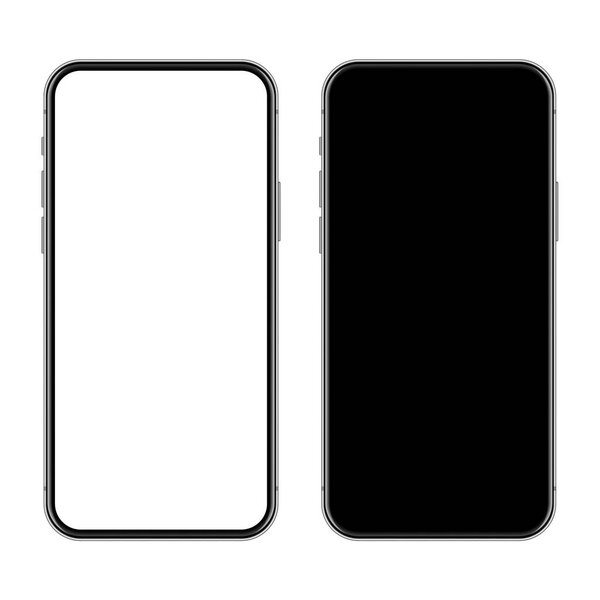 Realistic smartphone with blank touch screen isolated on white background. Frameless mobile phone in front view. High quality detailed device mockup. Vector illustration.