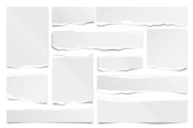 Ripped paper strips isolated on white background. Realistic paper scraps with torn edges. Sticky notes, shreds of notebook pages. Vector illustration. clipart