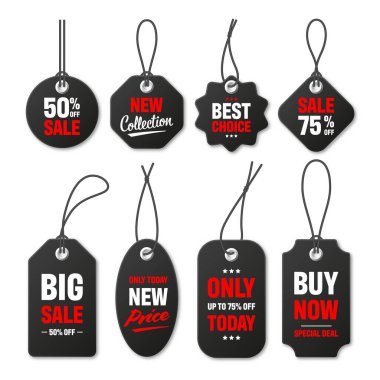 Gerçekçi siyah fiyat etiketleri koleksiyonu. Özel teklif ya da indirim etiketi. Satış kağıdı çıkartması. Promosyon satış rozeti. Vektör illüstrasyonu.