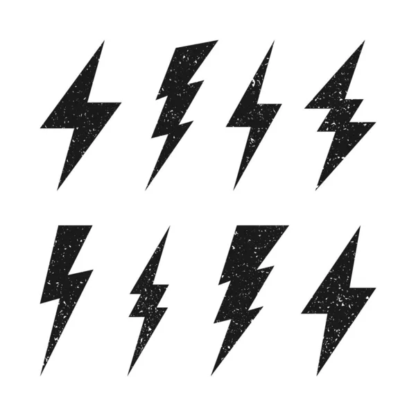 Lightning bolt icons with grunge texture isolated on white background. Vintage flash symbol, thunderbolt. Simple lightning strike sign. Vector illustration. — Stock Vector