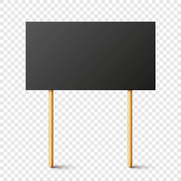 Cartel de protesta negro en blanco con soporte de madera. Banner realista de demostración de vectores. Huelga acción cartulina cartel maqueta. — Vector de stock