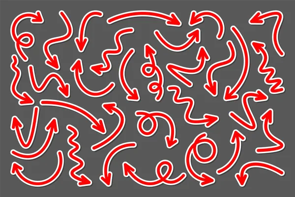 손으로 그린 화려 한 화살 스티커 세트. 빨간 포인트 콜렉션. 다양 한 모양의 단순 한 화살들. 방향 지시. 벡터 일러스트. — 스톡 벡터