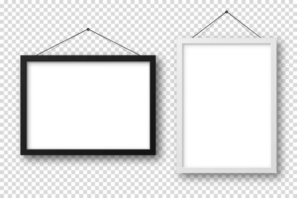 Realistické černobílé obrazové rámce se stínem na kostkovaném pozadí. Visí na prázdném plakátu na stěně. Prázdný rám. Vektorová ilustrace. — Stockový vektor