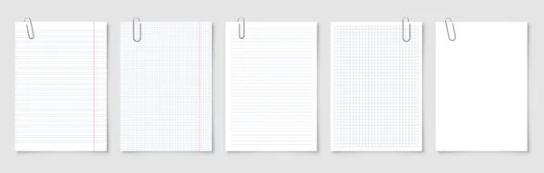 Folhas de papel em branco realista em formato A4 com clipe de metal, suporte em fundo cinza. Notebook page, documento. Modelo de design ou maquete. Ilustração vetorial. — Vetor de Stock
