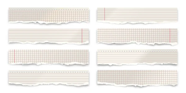 Ripped papieren strips geïsoleerd op witte achtergrond. Realistische verkreukelde papierresten met gescheurde randen. Geringde stukjes notebookpagina 's. Vectorillustratie. — Stockvector