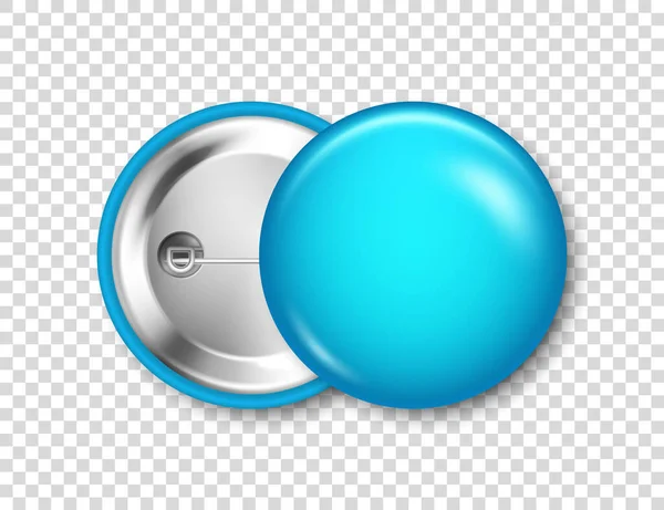 Realistyczna niebieska odznaka odizolowana na przezroczystym tle. Błyszczący okrągły przycisk 3D. Odznaka Pin, makieta broszki do promocji i reklamy produktu. Ilustracja wektora. — Wektor stockowy