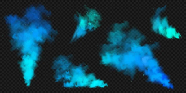 Realistic blue colorful smoke clouds, mist effect. Colored fog on dark background. Vapor in air, steam flow. Vector illustration. — Stock Vector