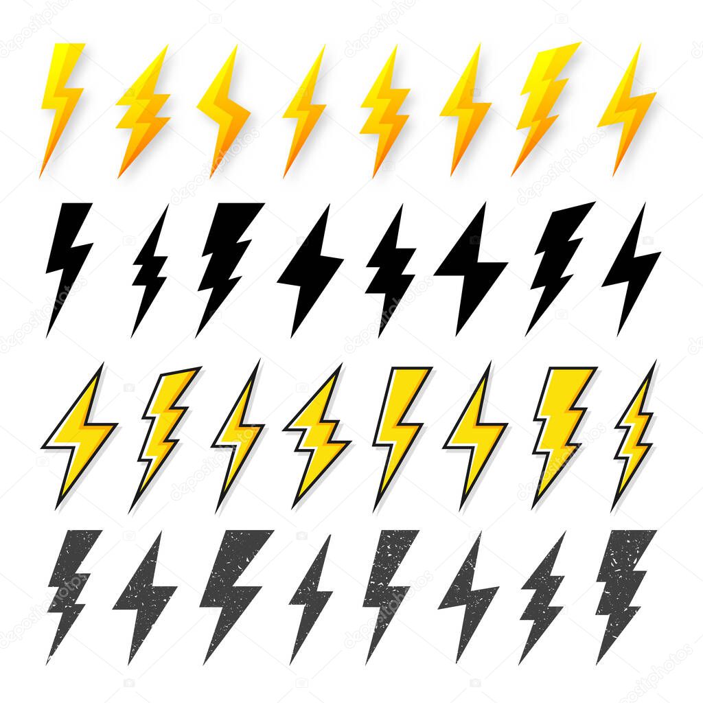 Black and yellow lightning bolt icons isolated on white background. Vintage flash symbol, thunderbolt with grunge texture. Simple lightning strike sign. Vector illustration.