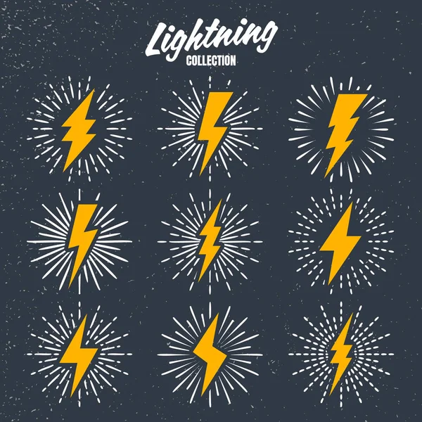 Set of yellow vintage lightning bolts and sunrays on grunge background. Lightnings with sunburst effect. Thunderbolt, electric shock sign. Vector illustration. — Stock Vector