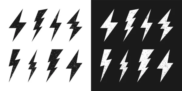 Black and white lightning bolt icons with grunge texture. Vintage flash symbol, thunderbolt. Simple lightning strike sign. Vector illustration. — Διανυσματικό Αρχείο