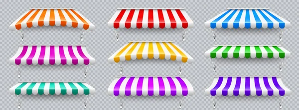 Colorido protector solar de varias tiendas con montaje en metal. Toldo realista de café a rayas. Tienda de campaña al aire libre. Techo de dosel. Tienda de verano. Ilustración vectorial. — Archivo Imágenes Vectoriales