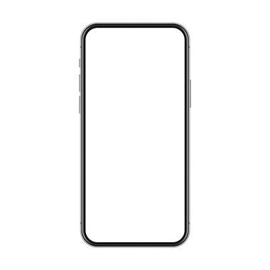 Beyaz arka planda boş dokunmatik ekranlı gerçekçi akıllı telefon. Ön görüntüde çerçevesiz cep telefonu var. Yüksek kalite detaylı cihaz modeli. Vektör illüstrasyonu.