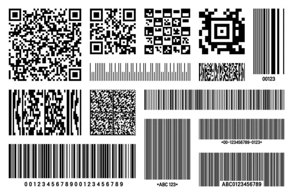 Set von Produkt-Barcodes und QR-Codes. Identifikationsfolgecode. Seriennummer, Produkt-ID mit digitalen Informationen. Laden oder Supermarkt scannen Etiketten, Preisschilder. Vektorillustration. — Stockvektor