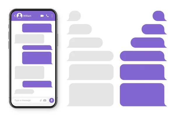 Realistische smartphone met messaging app. Blanco SMS tekst frame. Gesprek chatscherm met violette bericht bellen. Social media applicatie. Vectorillustratie. — Stockvector